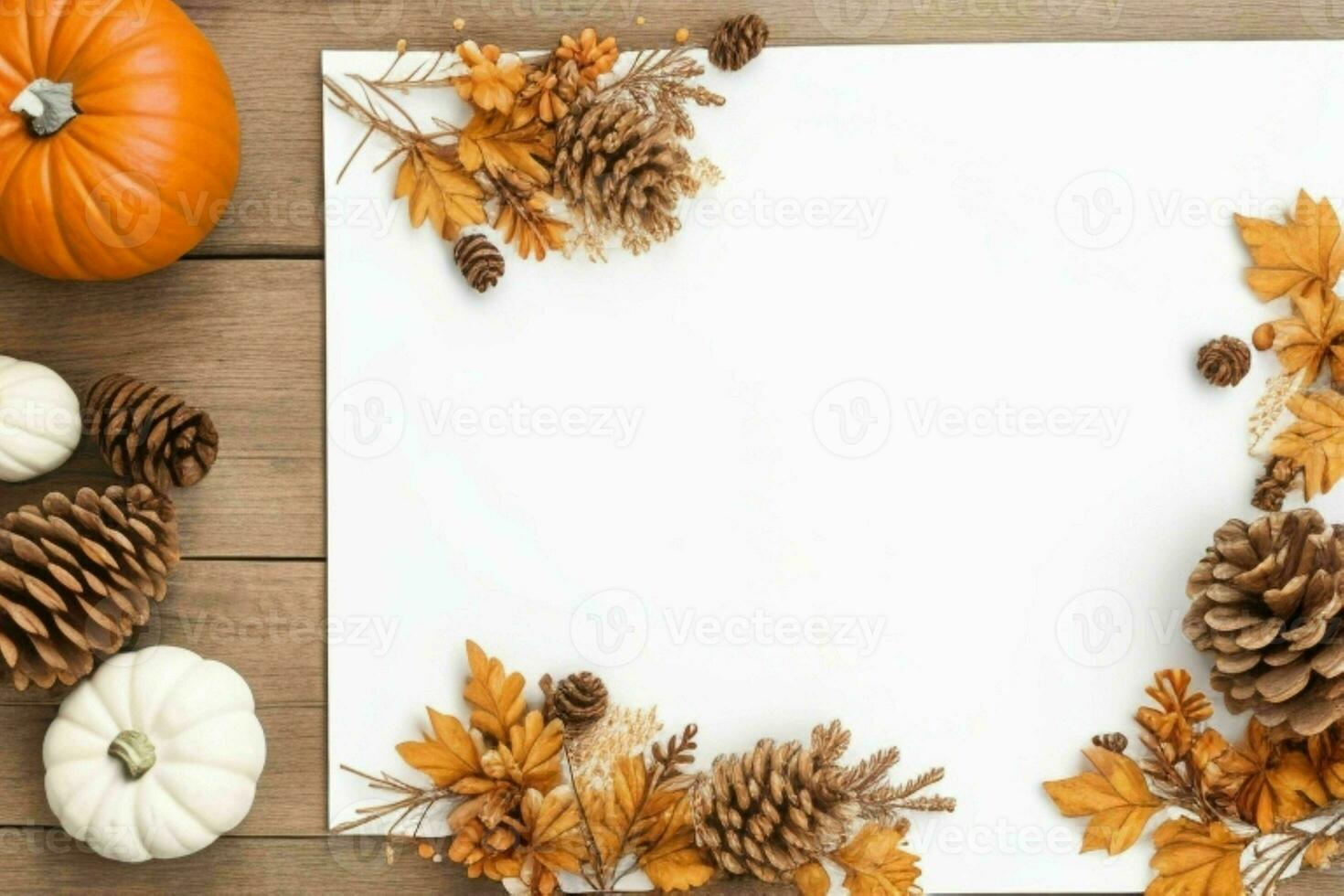 pompoen, pijnboom kegels en droog bladeren decoratie. papierwit blanco kaart mockup achtergrond. ai generatief pro foto