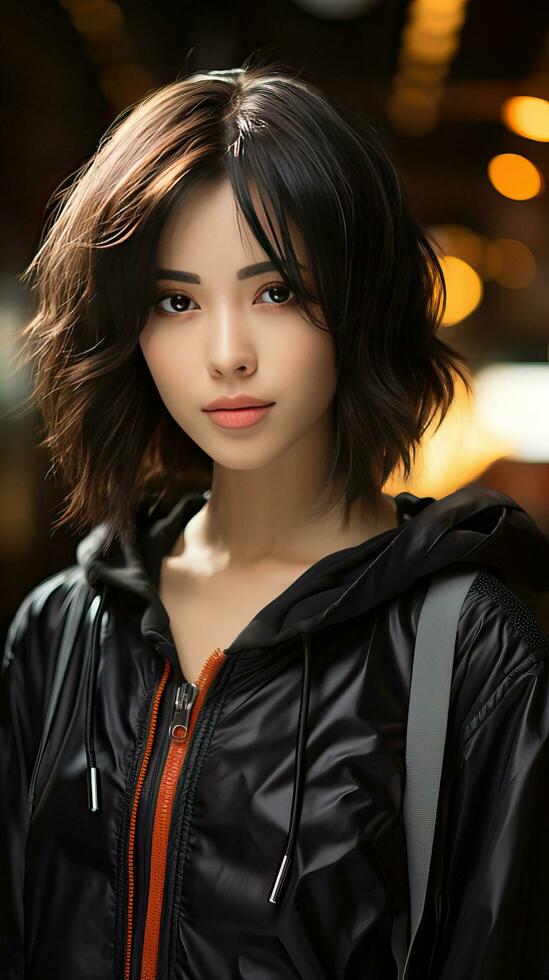 mooi Aziatisch tiener met kort haar- en zwart jasje. generatief ai foto