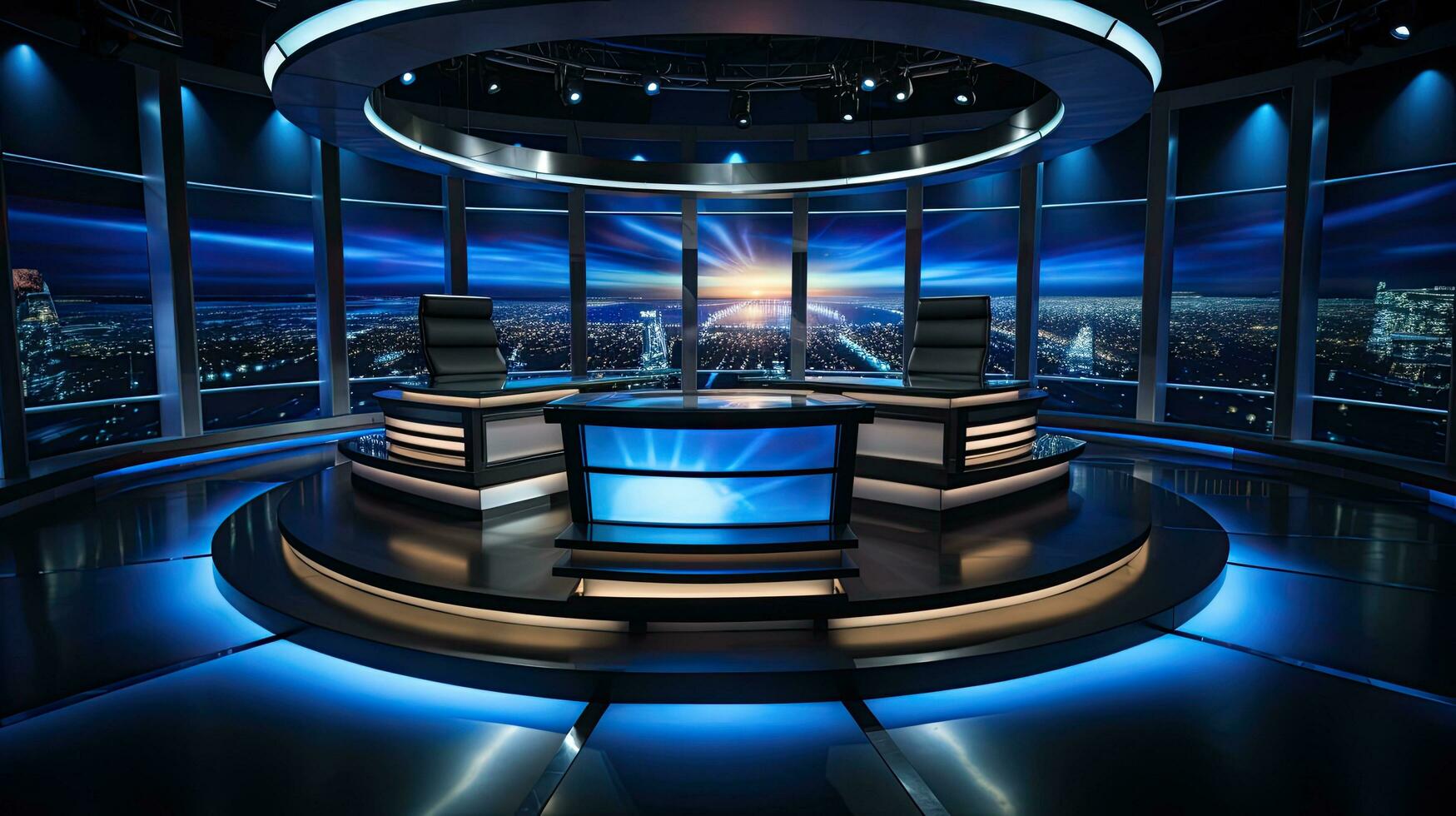 modern televisie studio voor wereld breken nieuws met uitrusting voor leidend verslaggevers en omroepers foto