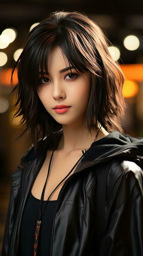 mooi Aziatisch tiener met kort haar- en zwart jasje. generatief ai foto