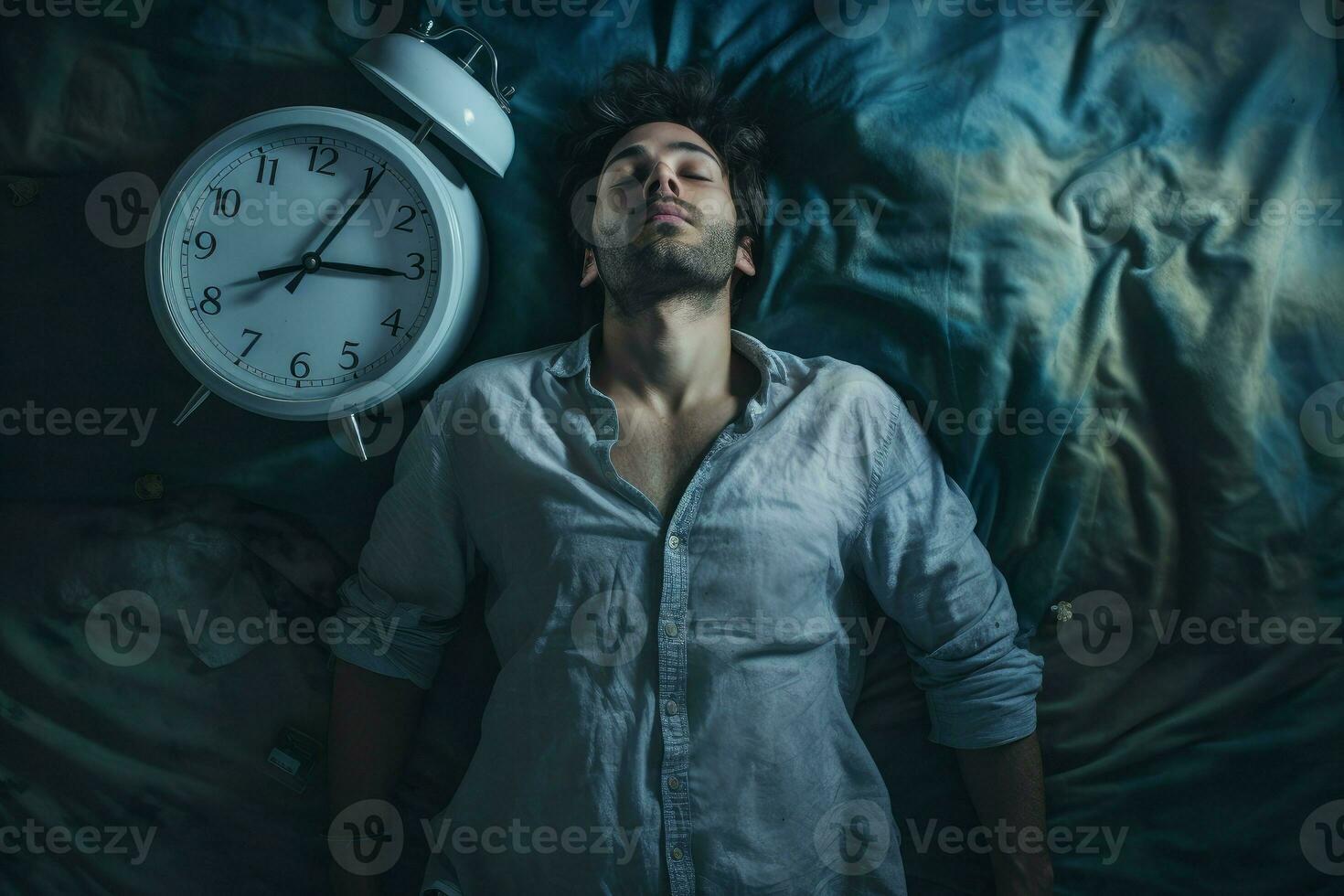 Mens lijden van slapeloosheid Aan bed met groot alarm klok. genereren ai foto