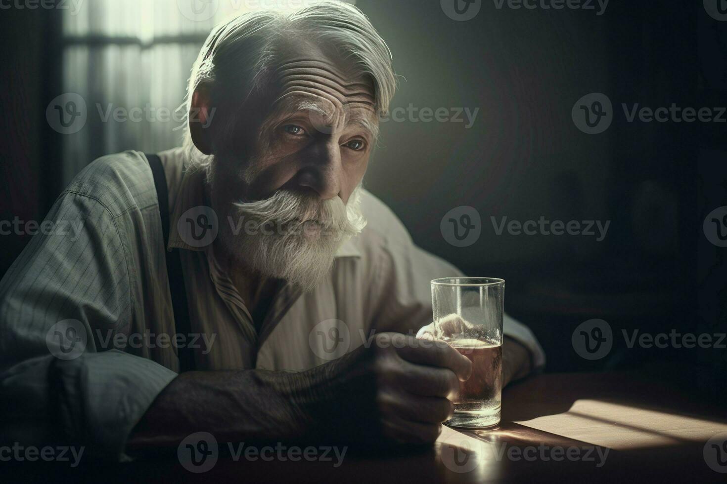 oud Mens eenzaam met water glas. genereren ai foto