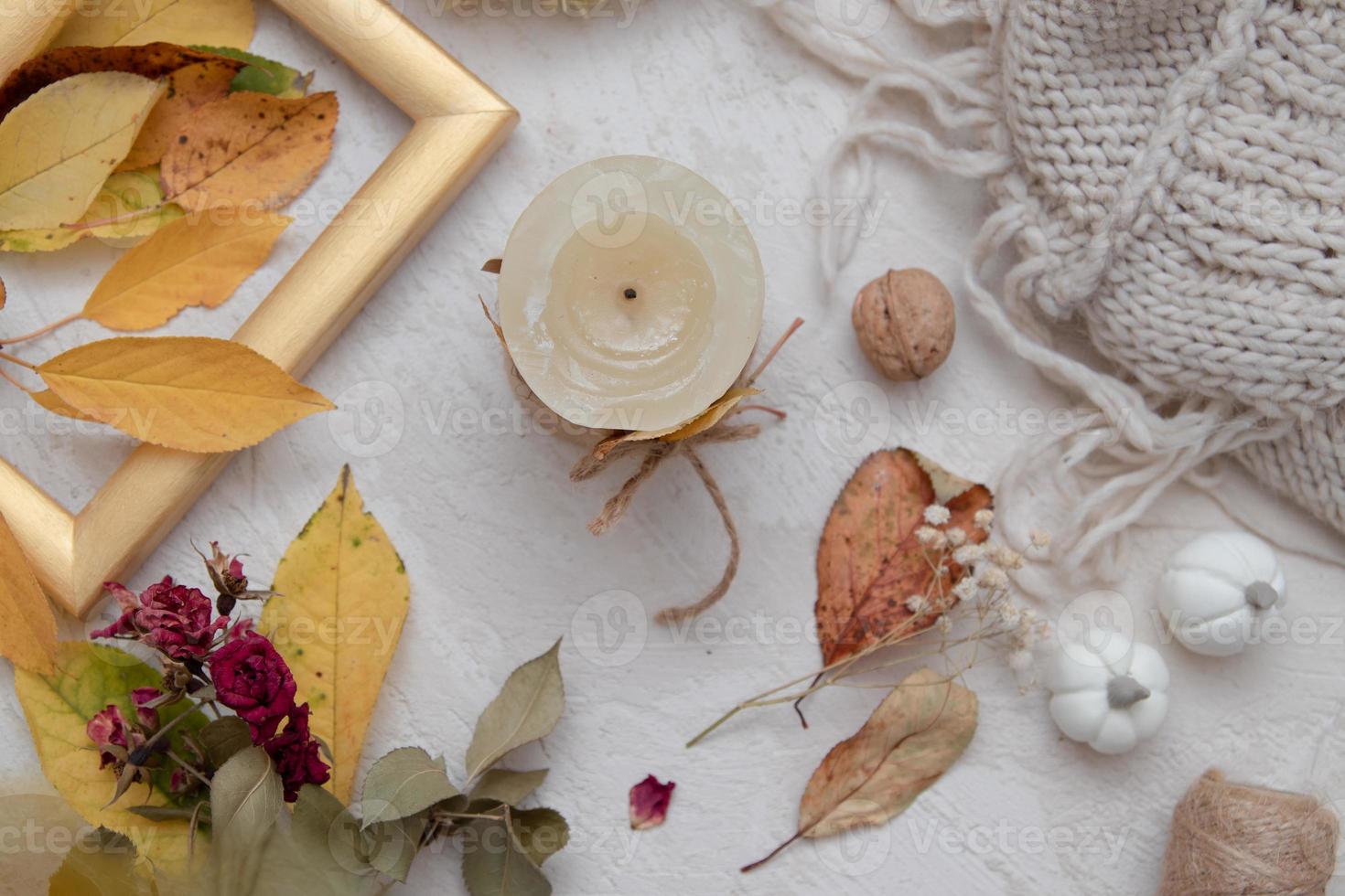 herfst vintage stilleven bovenaanzicht met gevallen bladeren, droge roos, foto