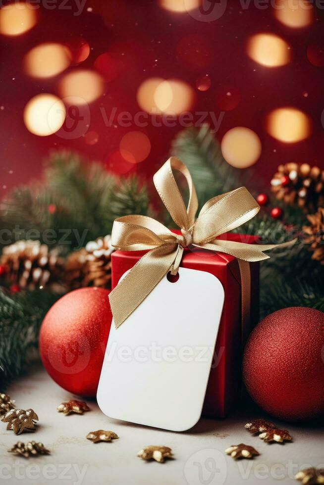 Kerstmis geschenk doos met blanco label mockup en vervagen bokeh licht ai gegenereerd foto