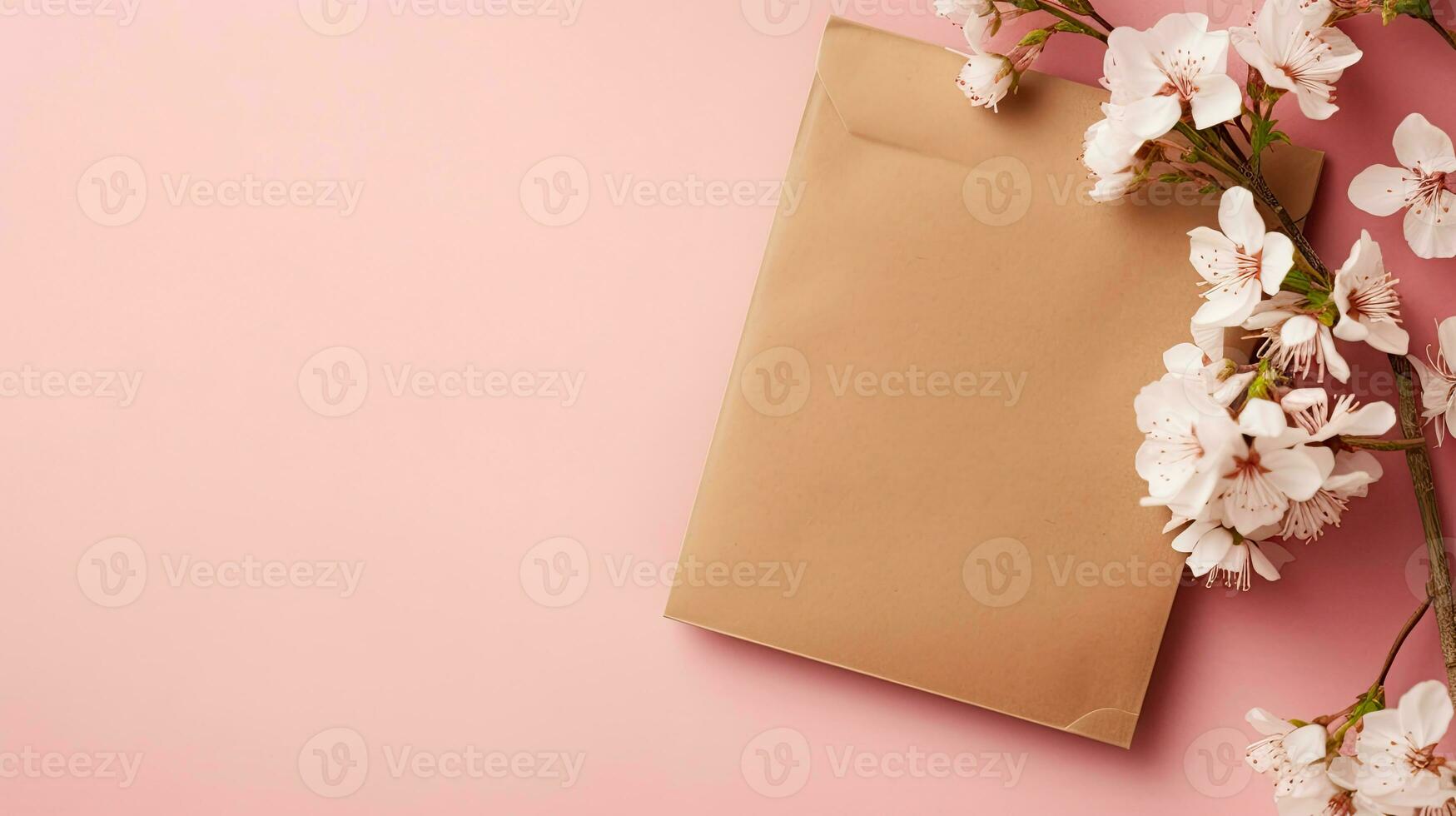 rechthoek blanco bruin papier envelop kraft mockup met roze bloem achtergrond ai gegenereerd foto