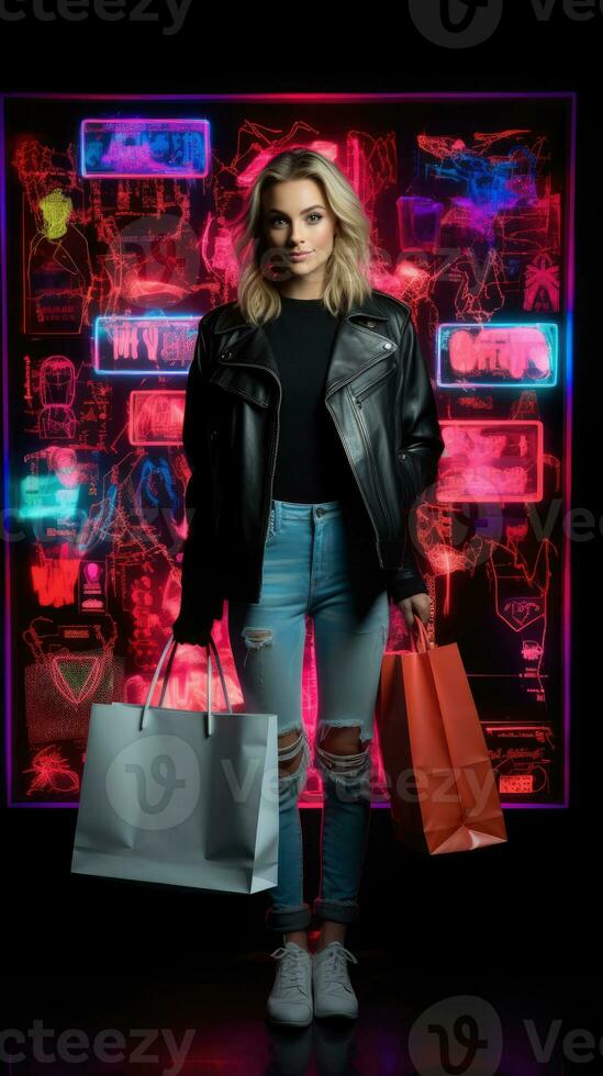 vol lichaam vrouw in neon licht cyberpunk donker achtergrond met boodschappen doen Tassen in zwart vrijdag verkoop concept ai gegenereerd foto