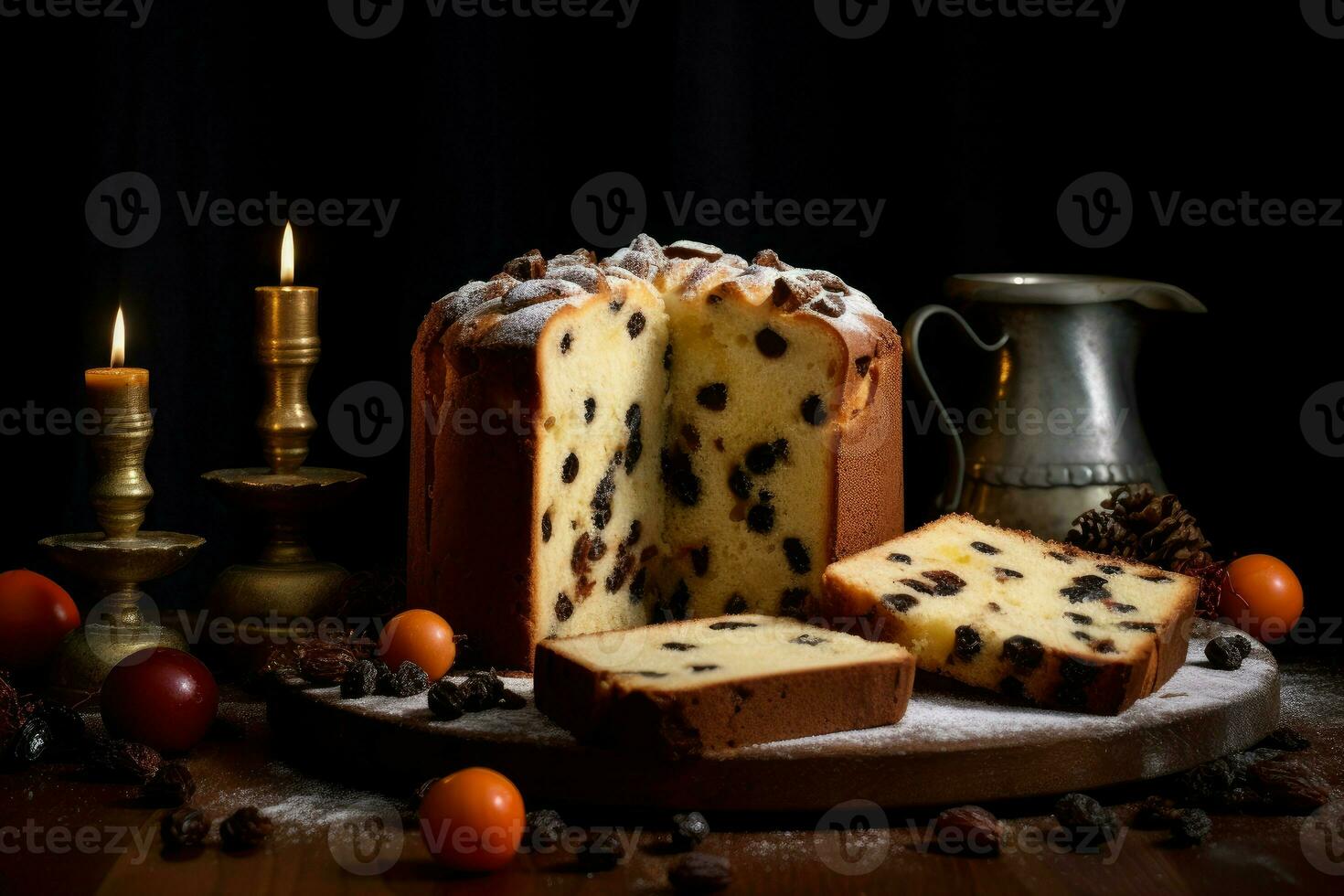 panettone bakkerij voedsel gesneden Bij tafel. genereren ai foto