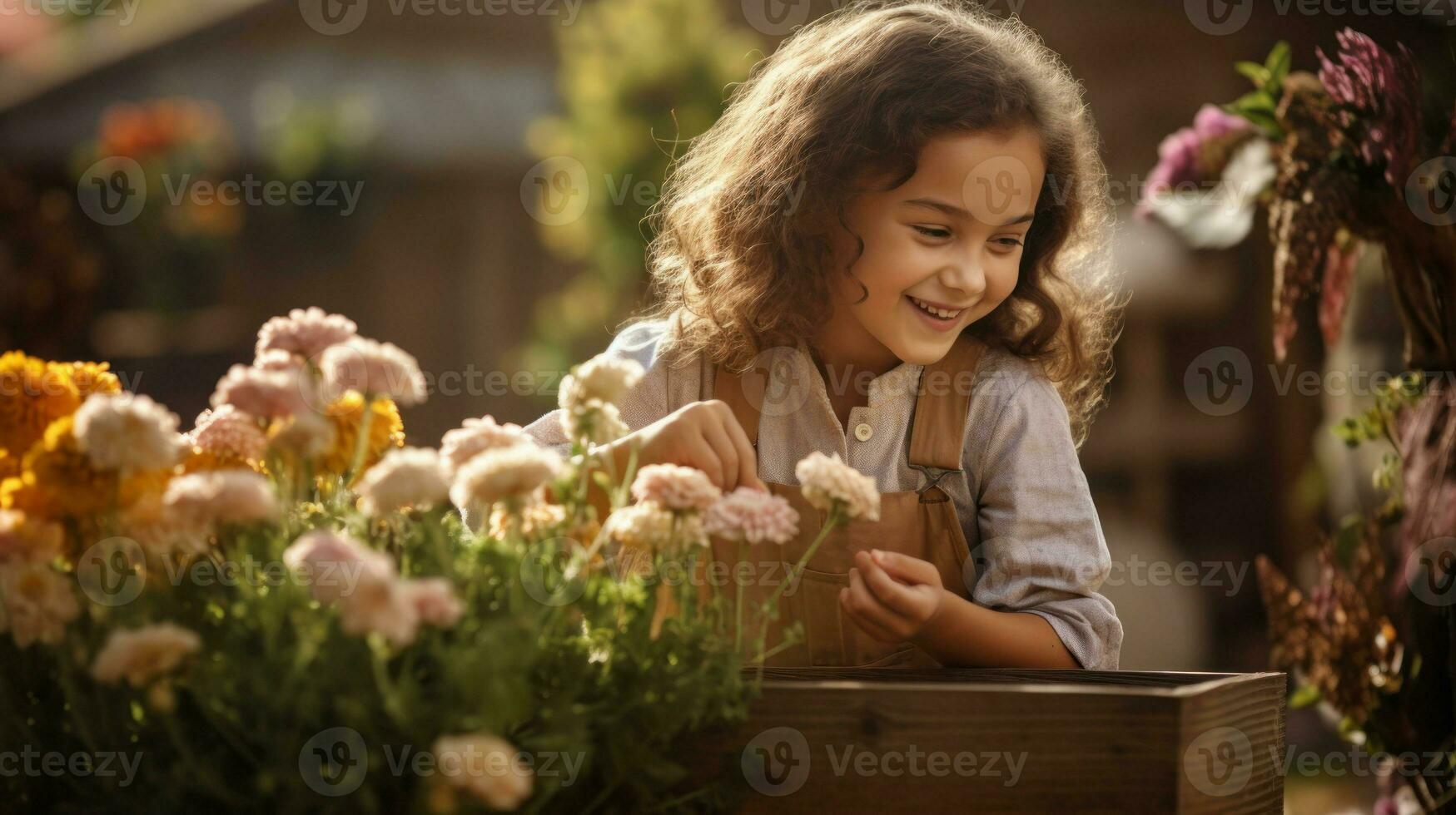 glimlachen weinig meisje nemen zorg en fabriek bloemen in de tuin of een boerderij ai gegenereerd foto