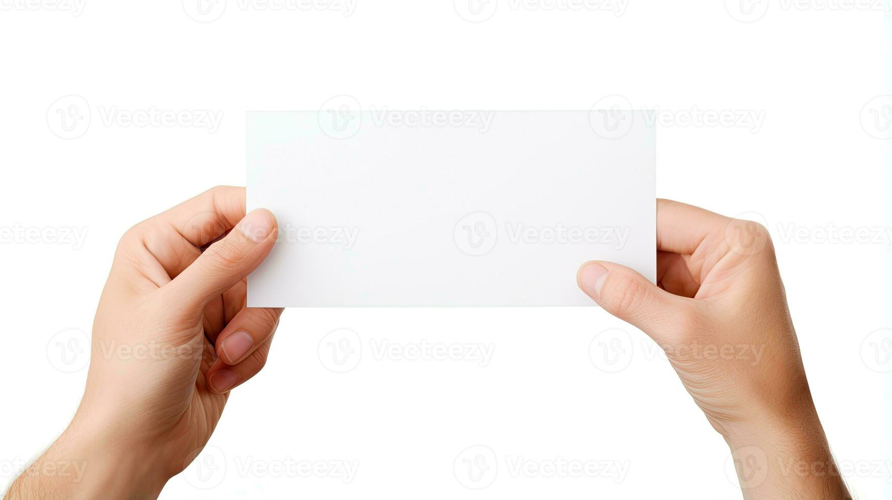 detailopname mannetje hand- Holding een blanco kaart of een ticket, uitnodiging, coupon Aan wit achtergrond ai gegenereerd foto