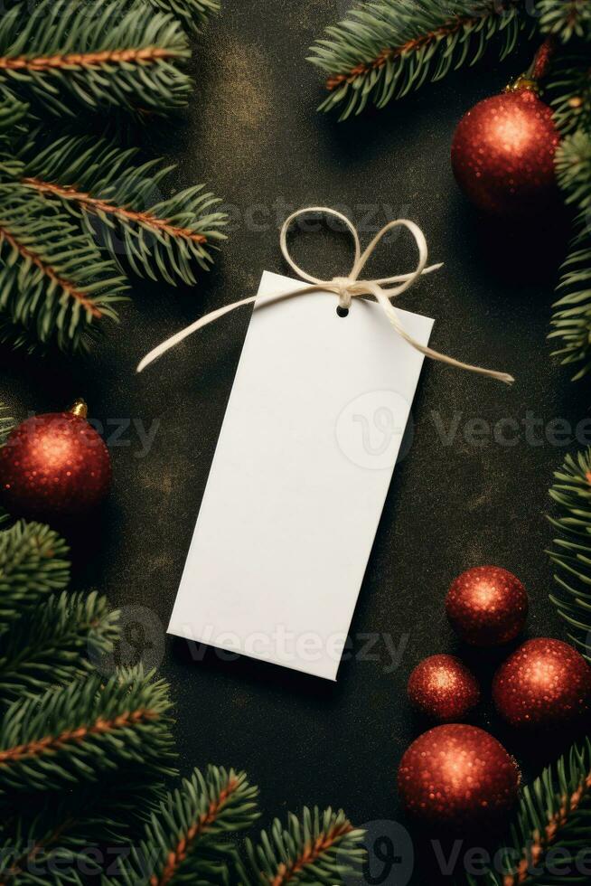 modern geschenk label voor Kerstmis vakantie mockup Aan grijs zwart achtergrond ai gegenereerd foto
