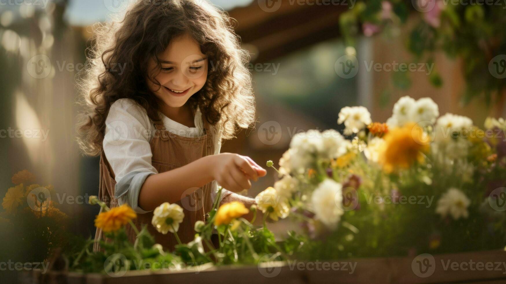 glimlachen weinig meisje nemen zorg en fabriek bloemen in de tuin of een boerderij ai gegenereerd foto
