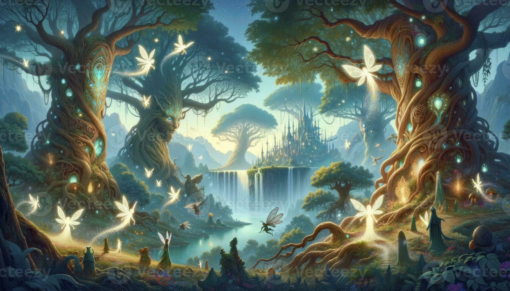 een magisch Woud met gloeiend feeën, oude bomen, een majestueus waterval, magisch schepsels, en een mystiek kristal kasteel. ai gegenereerd foto