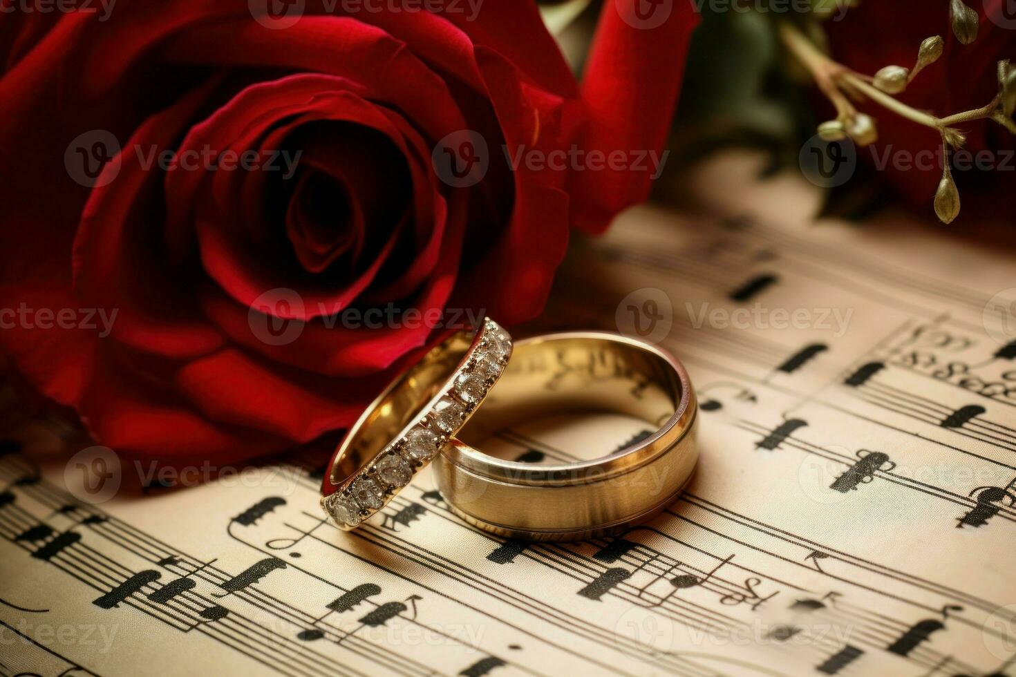 treble chef rozen en bruiloft ring Aan musical papier notities. genereren ai foto