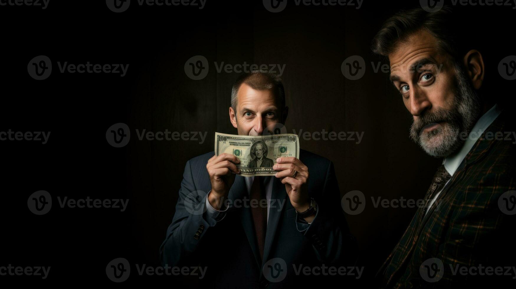 geld sluit mijn mond naar vertellen de waarheid. fraude in wettelijk advocaat Diensten. twee mannen in pakken Aan een donker achtergrond. foto