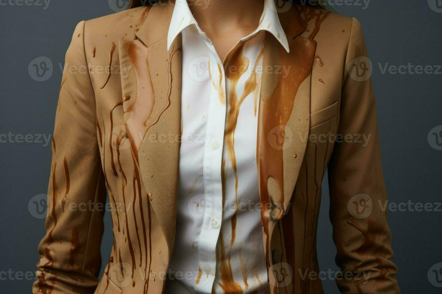 vrouw tonen bekladden van koffie haar jasje en wit shirt. genereren ai foto