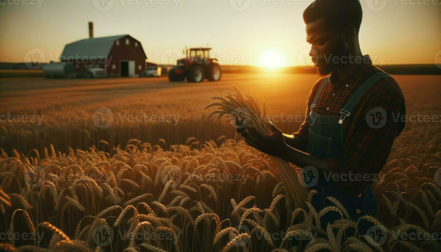 een boer is afgebeeld in een veld- gevulde met tarwe gedurende de sereen zonsondergang.. generatief ai foto