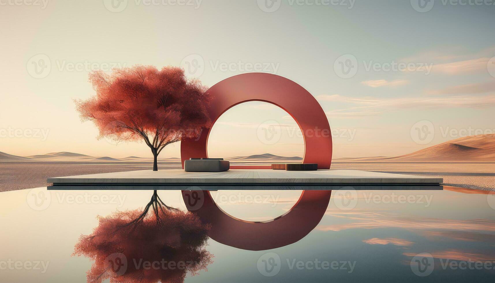 minimalistische 3d boog met wolken en boom silhouetten ai gegenereerd foto