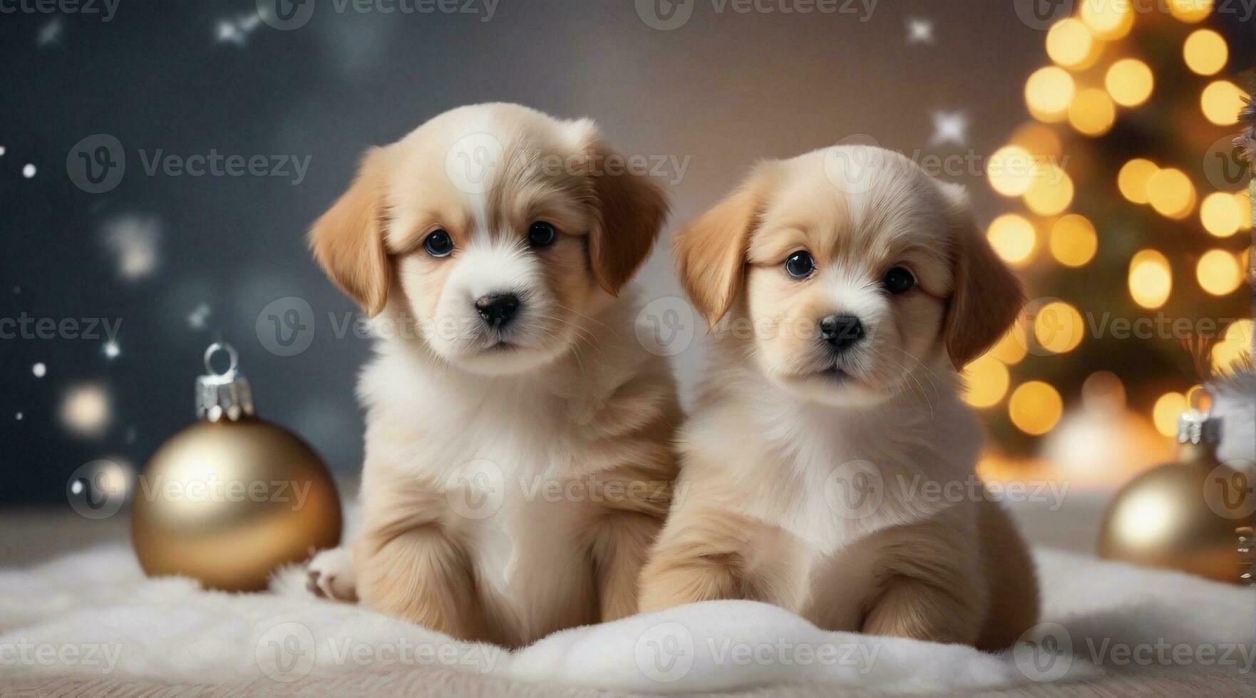 schattig puppy's poseren tegen Kerstmis sfeer achtergrond met ruimte voor tekst, achtergrond afbeelding, ai gegenereerd foto