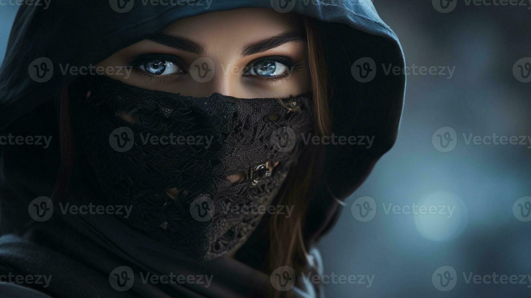 mooi vrouw Ninja portret met ruimte voor tekst Aan de kant, achtergrond afbeelding, ai gegenereerd foto