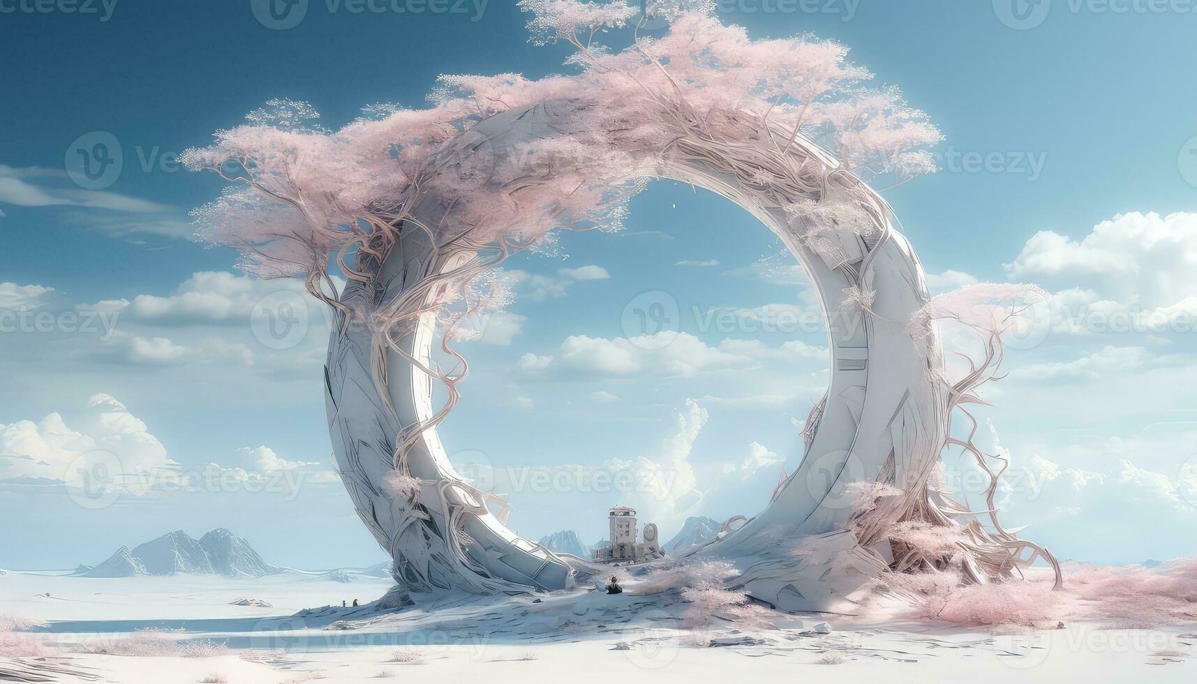 groot circulaire structuur met roze wolken en bomen ai gegenereerd foto