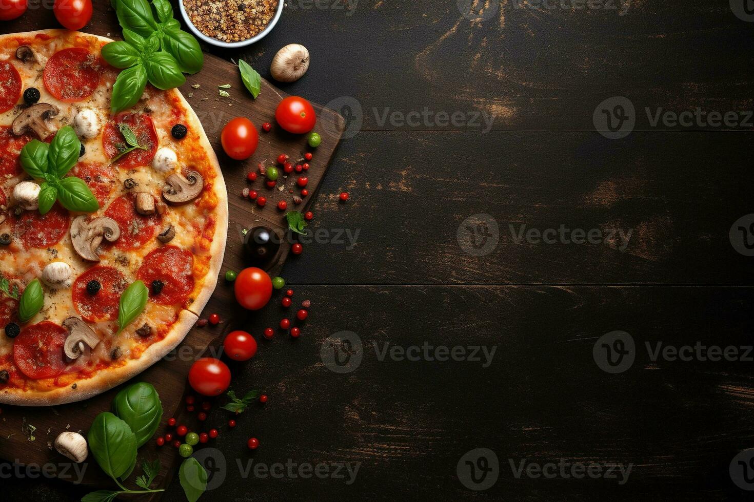 peperoni pizza Aan een donker achtergrond. top visie met kopiëren ruimte. ai gegenereerd foto