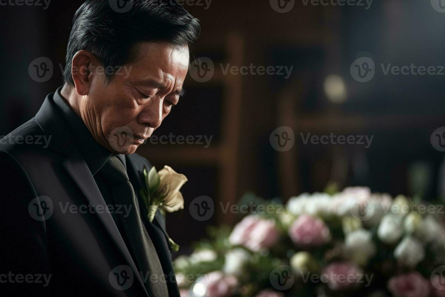 ouderen Aziatisch Mens met begrafenis leed en bloemen in kerk ai gegenereerd foto