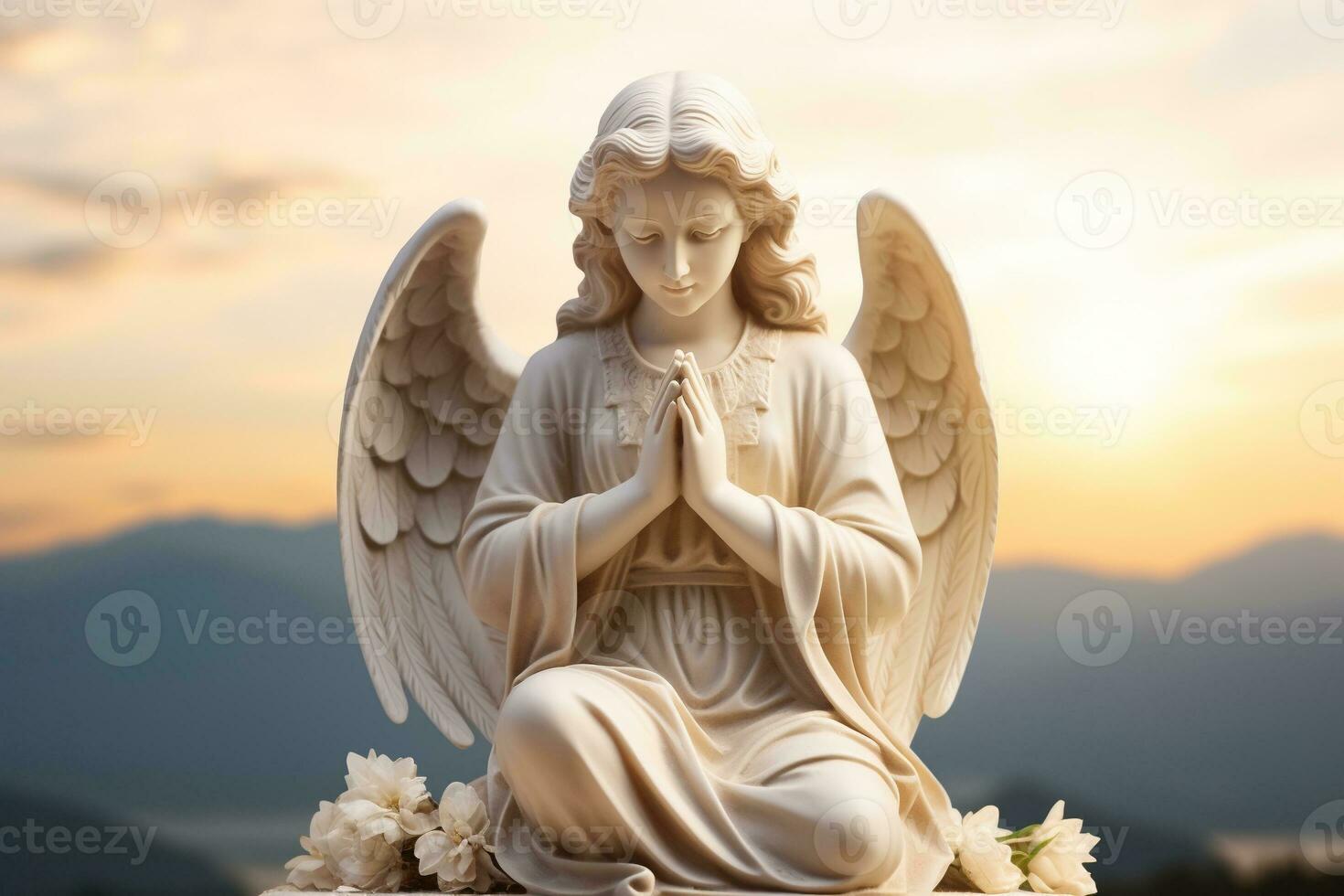 engel standbeeld met zonsopkomst in de achtergrond, religie en geestelijkheid concept. ai gegenereerd foto