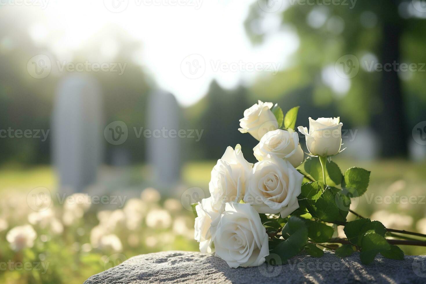 wit bloemen in voorkant van een grafsteen Bij een begraafplaats met zonsondergang.begrafenis concept ai gegenereerd foto