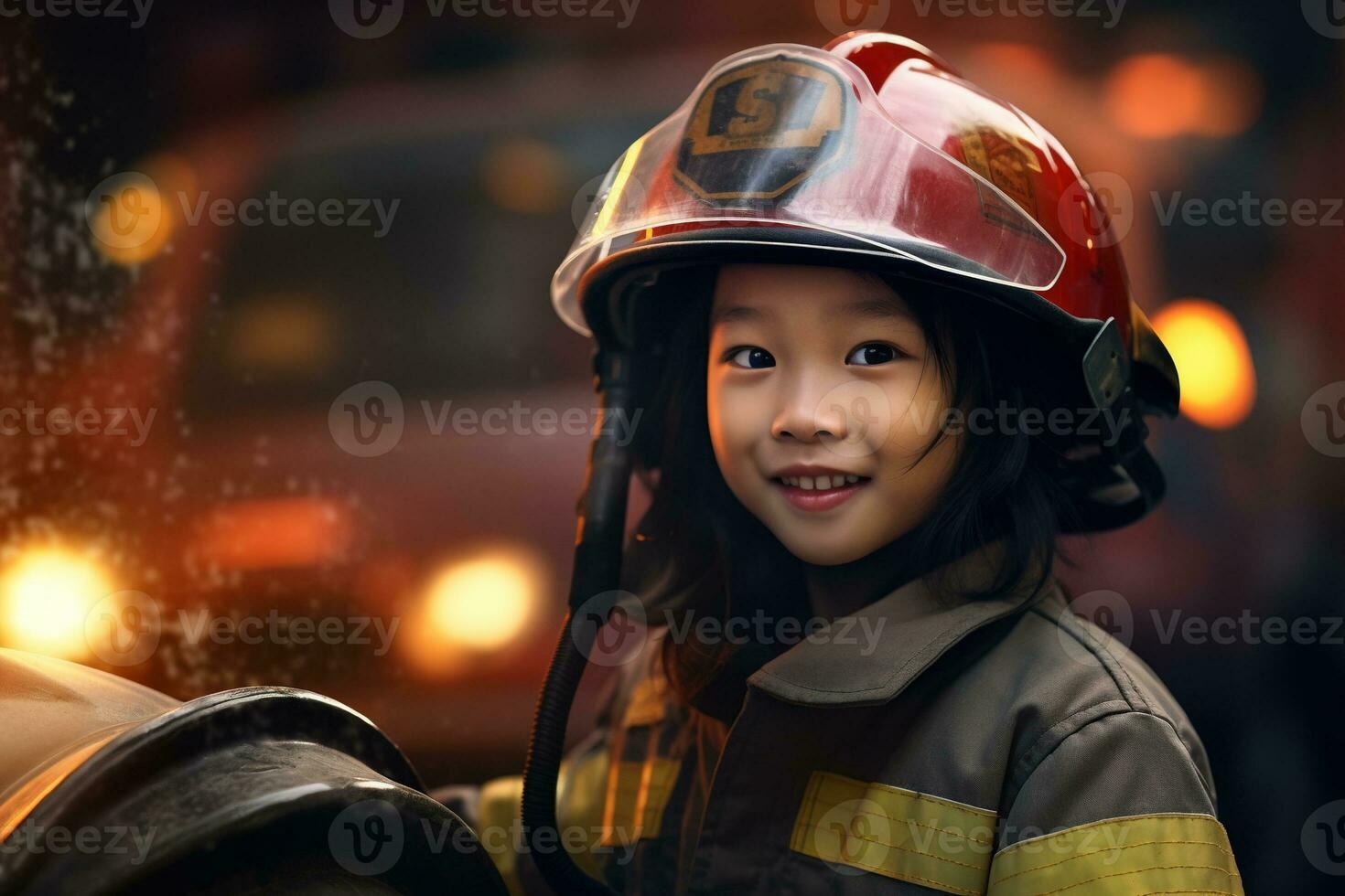 portret van een schattig weinig Aziatisch meisje vervelend een brandweerman uniform ai gegenereerd foto