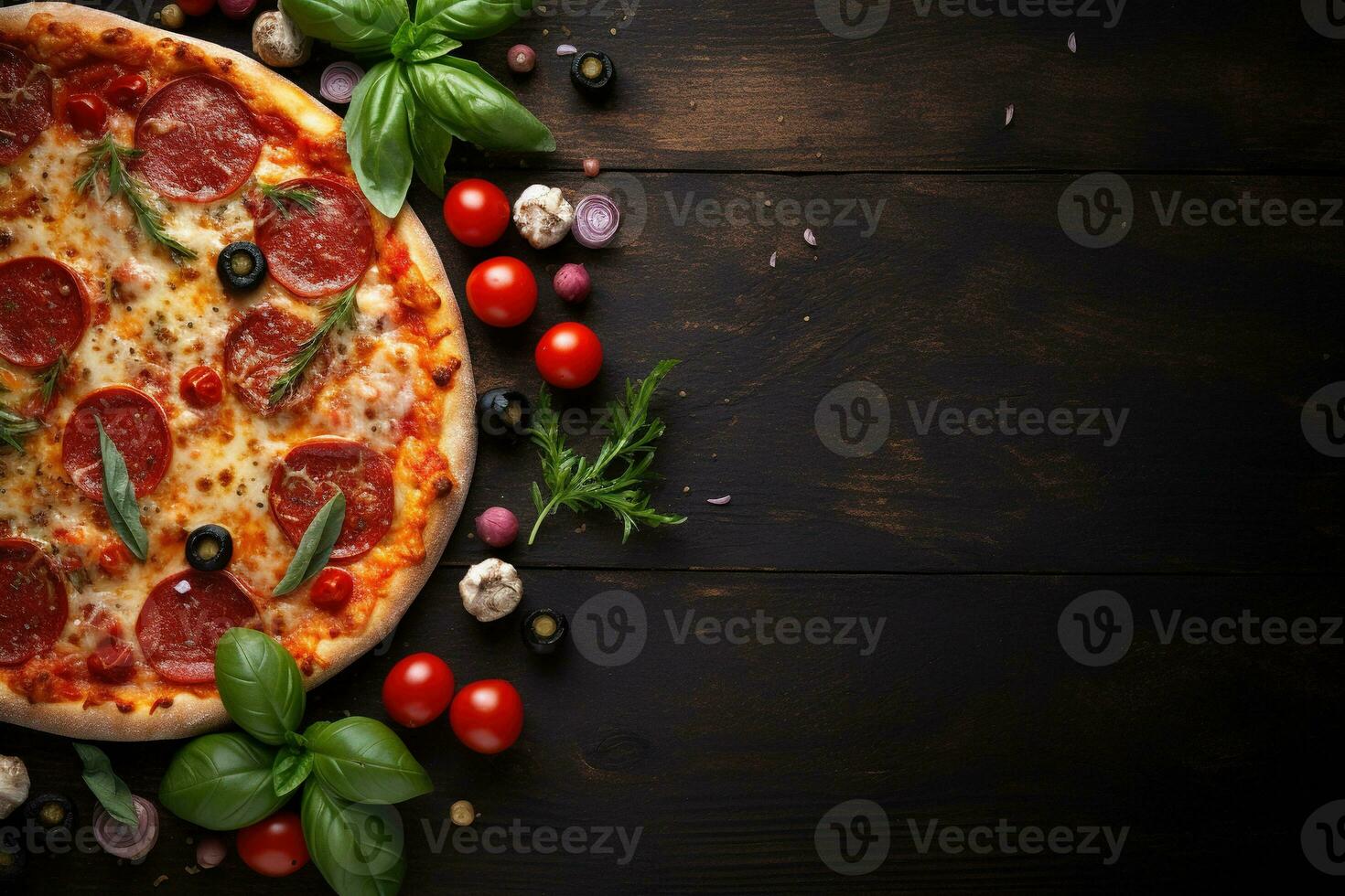 peperoni pizza Aan een donker achtergrond. top visie met kopiëren ruimte. ai gegenereerd foto