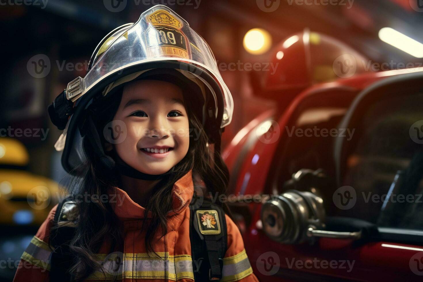 portret van een schattig weinig Aziatisch meisje vervelend een brandweerman uniform ai gegenereerd foto