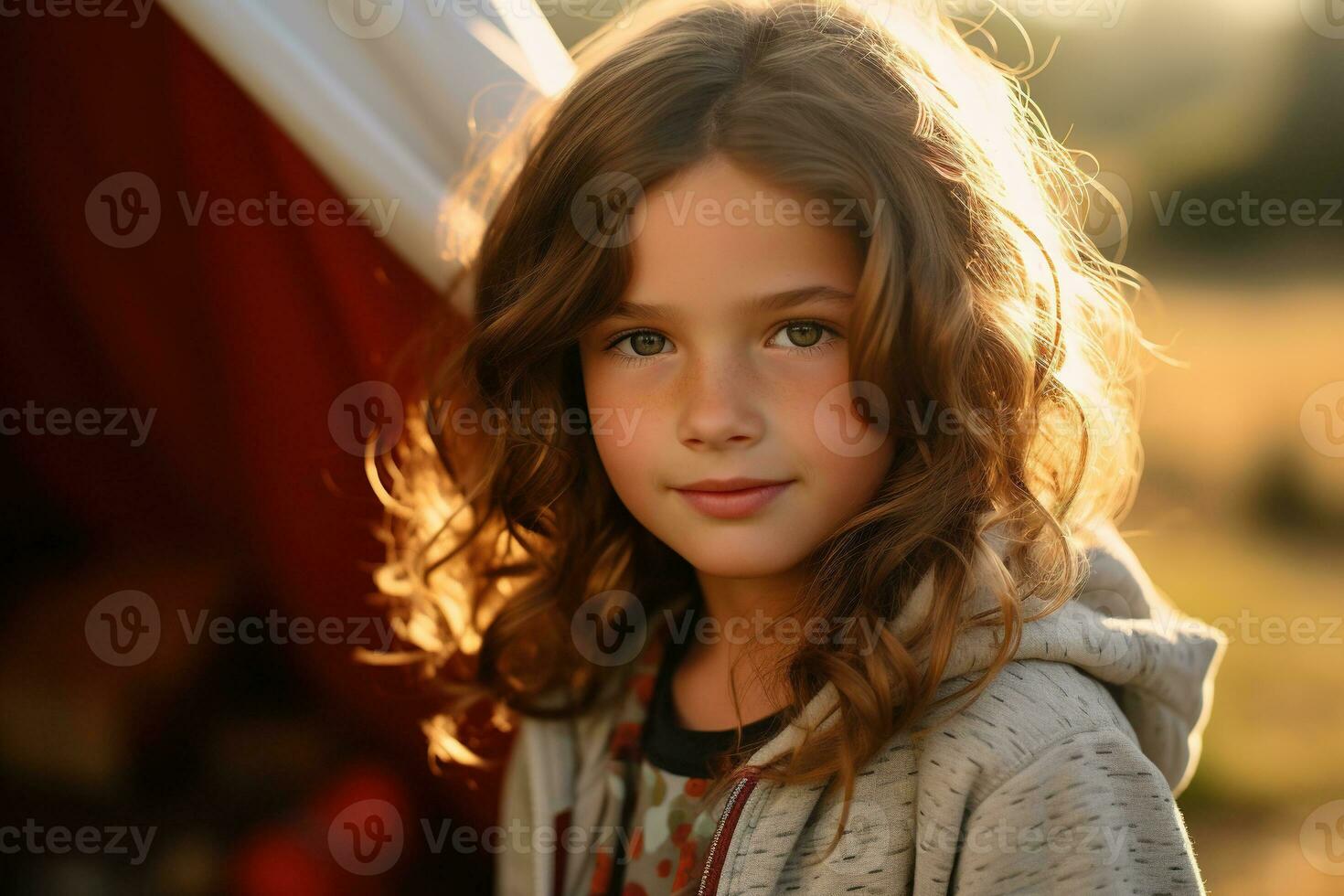 portret van schattig weinig meisje Bij camera terwijl staand in de buurt camping tent Bij zonsondergang ai gegenereerd foto