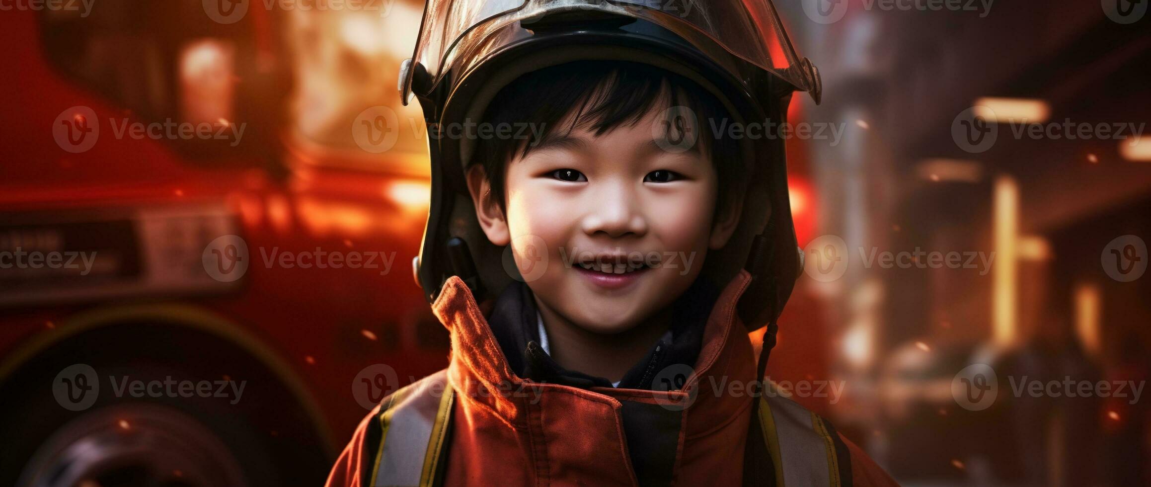 portret van gelukkig Aziatisch jongen vervelend brandweerman uniform met brand vrachtauto in achtergrond ai gegenereerd foto