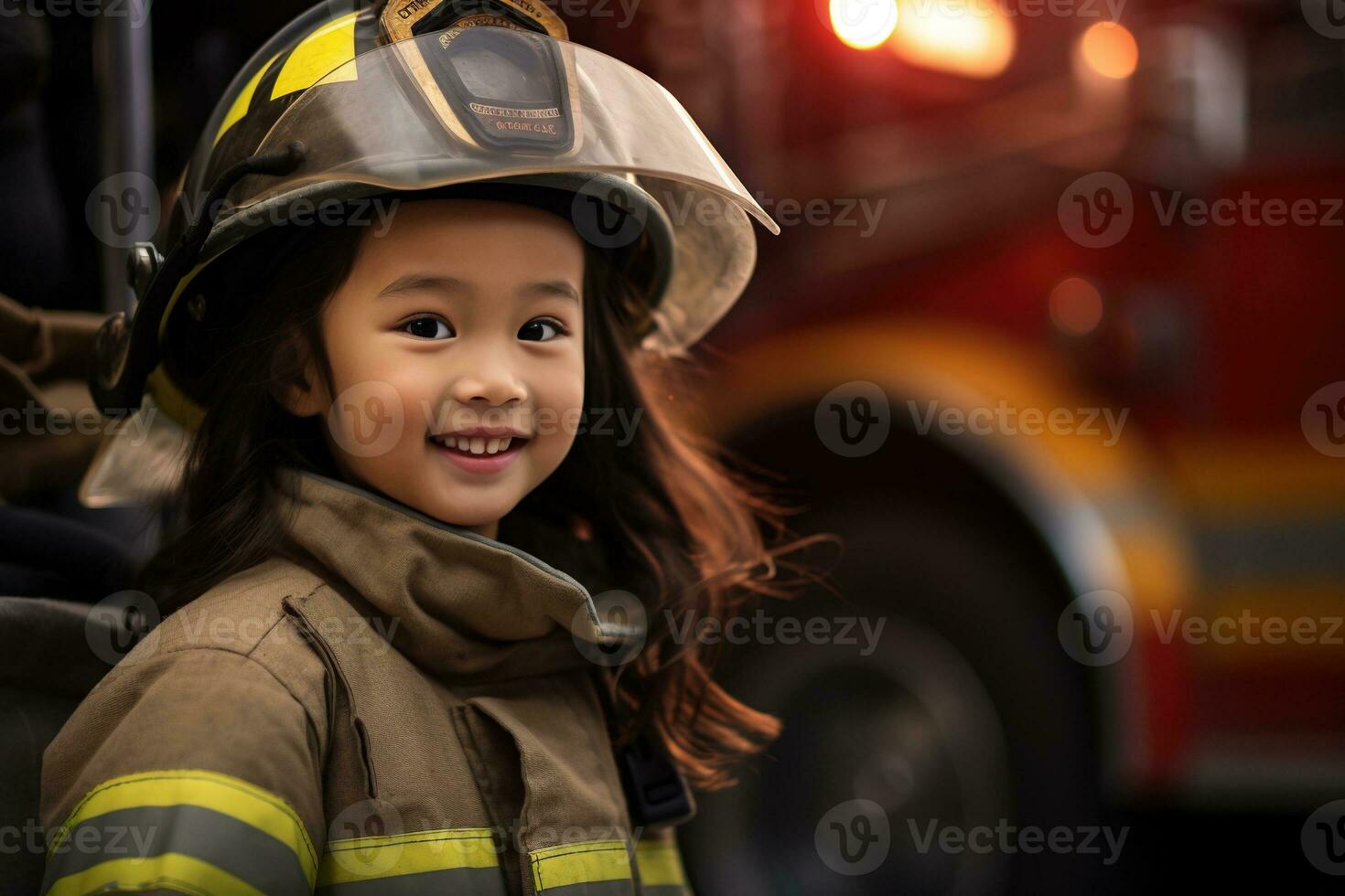 portret van een schattig weinig Aziatisch meisje vervelend een brandweerman uniform ai gegenereerd foto