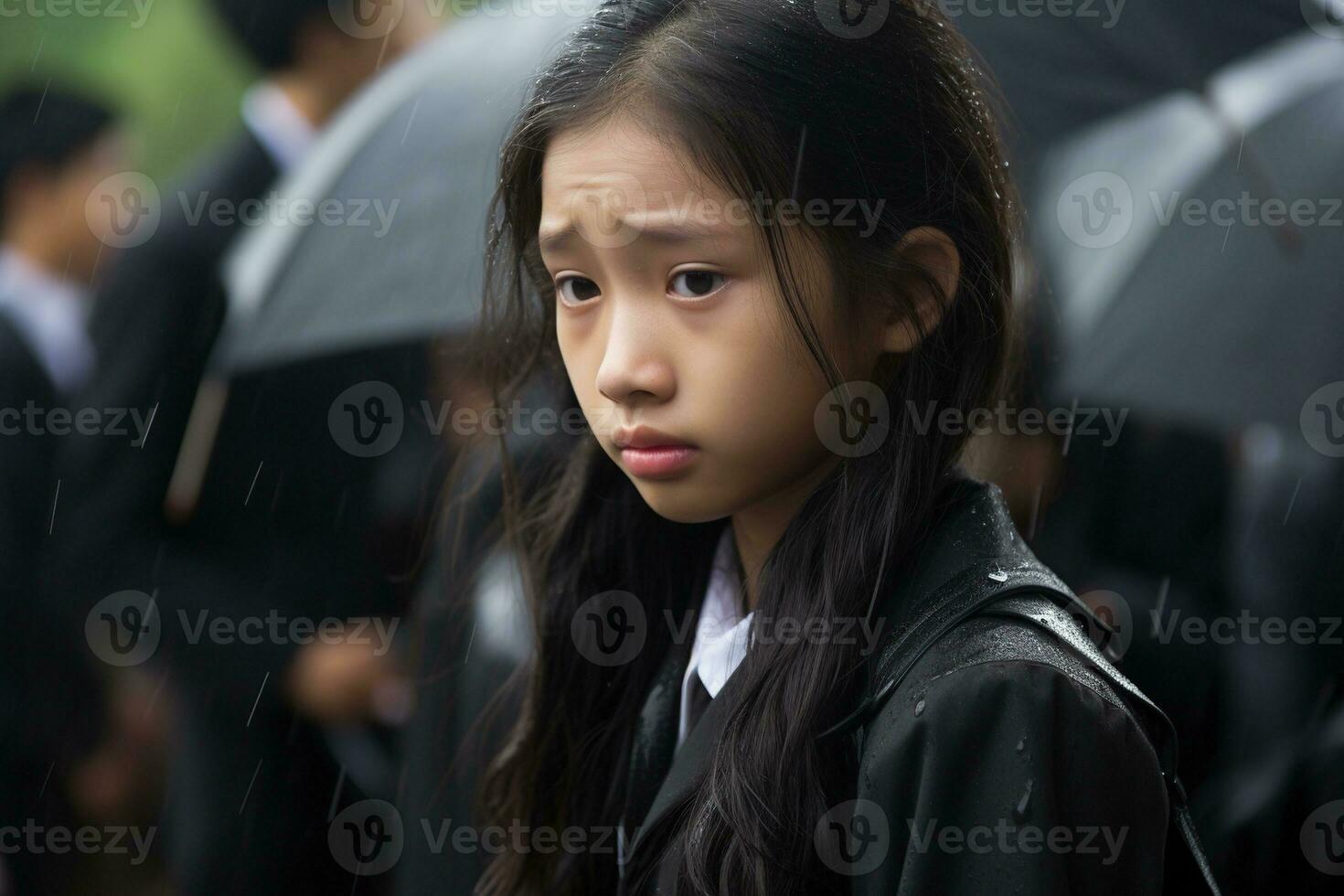 portret van een weinig Aziatisch meisje met in de begraafplaats, begrafenis concept ai gegenereerd foto
