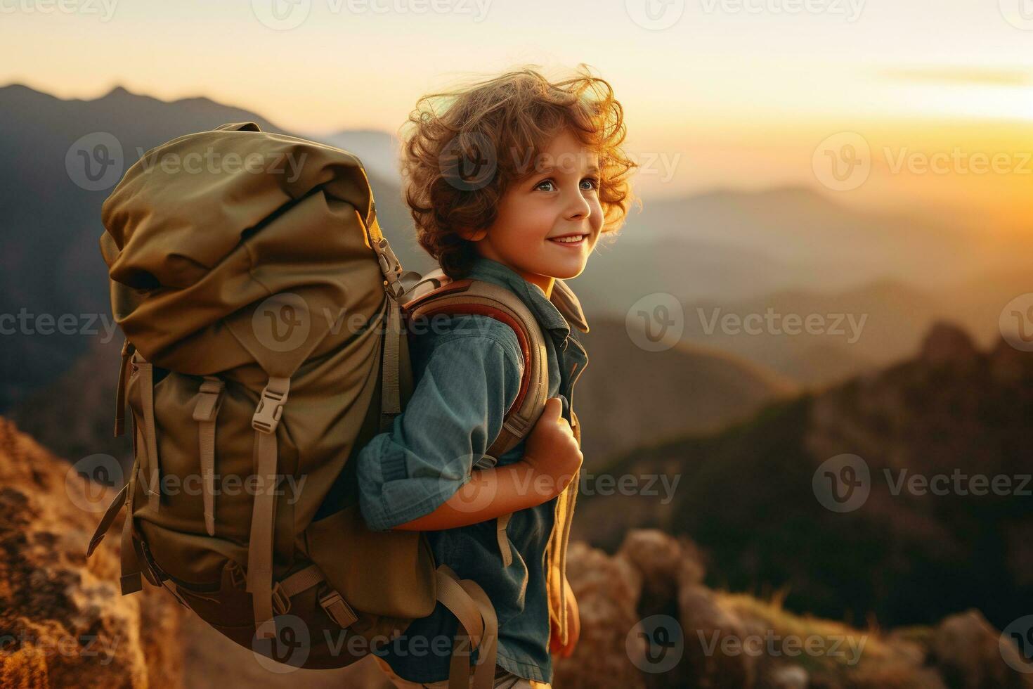 aanbiddelijk weinig jongen met rugzak wandelen in bergen Bij zonsondergang. reizen en actief levensstijl concept ai gegenereerd foto