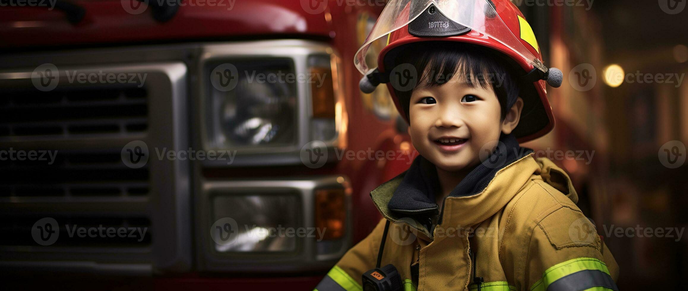 portret van gelukkig Aziatisch jongen vervelend brandweerman uniform met brand vrachtauto in achtergrond ai gegenereerd foto