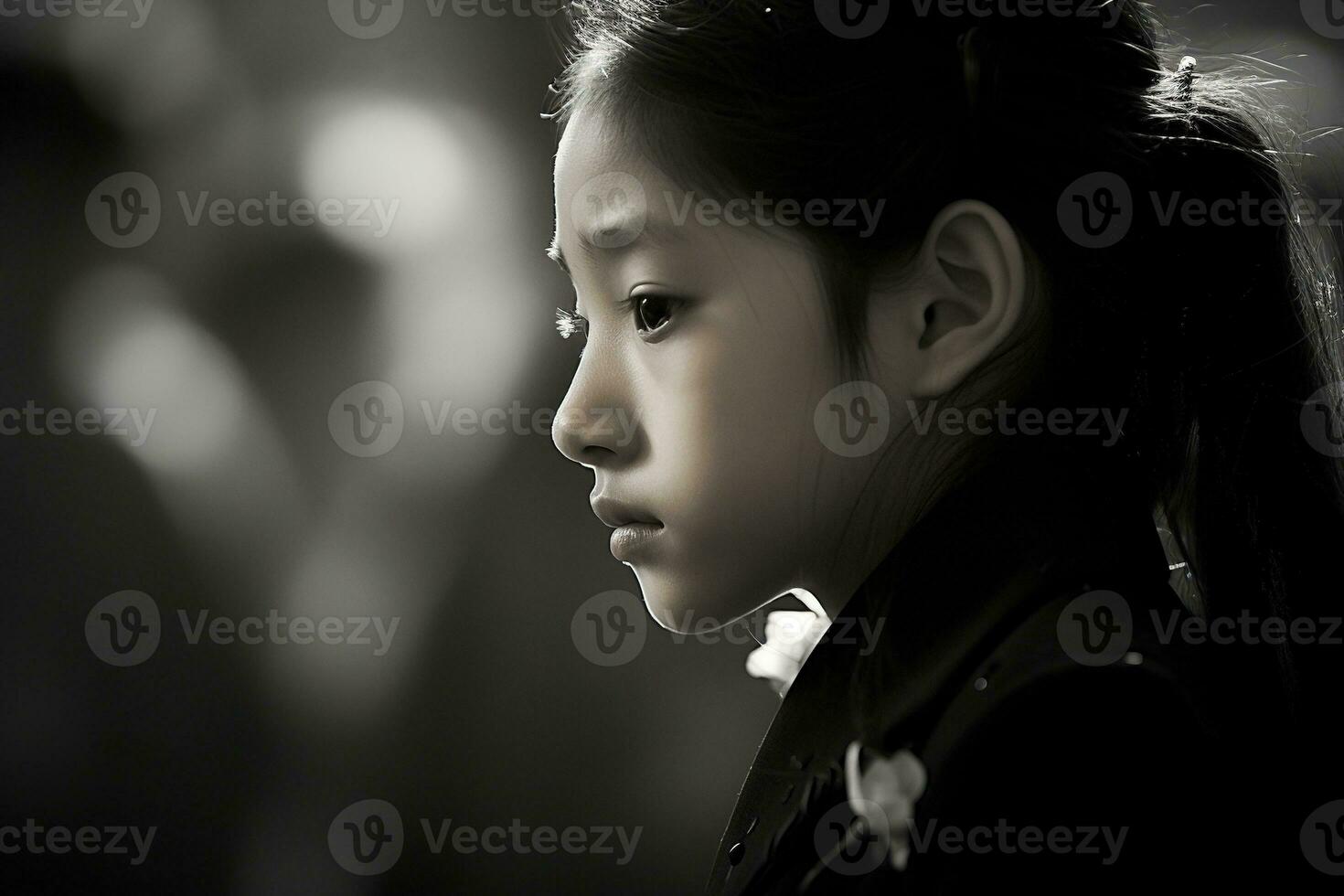portret van een weinig Aziatisch meisje met in de begraafplaats, begrafenis concept ai gegenereerd foto