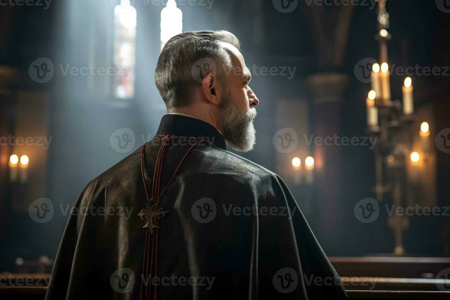 achterzijde visie van priester op zoek Bij kerk interieur. religie concept. ai gegenereerd foto