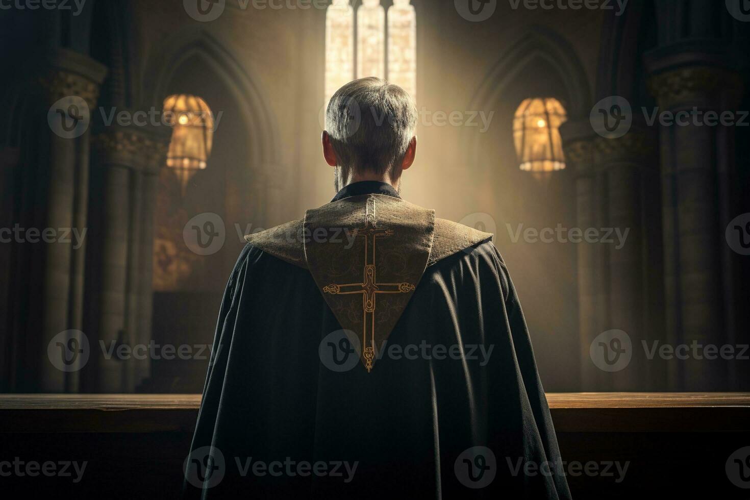 achterzijde visie van priester op zoek Bij kerk interieur. religie concept. ai gegenereerd foto