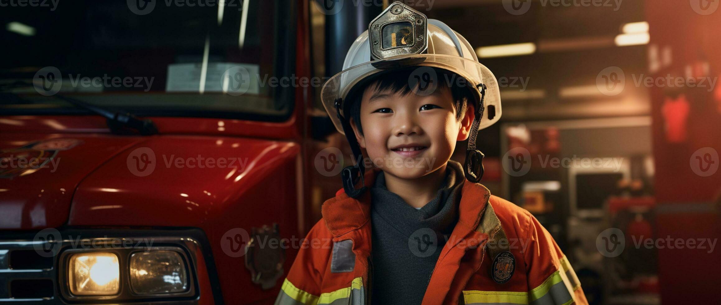 portret van gelukkig Aziatisch jongen vervelend brandweerman uniform met brand vrachtauto in achtergrond ai gegenereerd foto