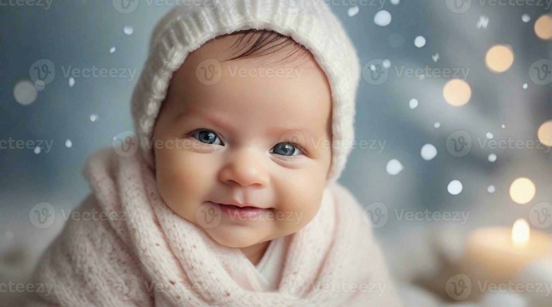 een glimlachen pasgeboren baby meisje tegen winter sfeer achtergrond met ruimte voor tekst, kinderen achtergrond afbeelding, ai gegenereerd foto