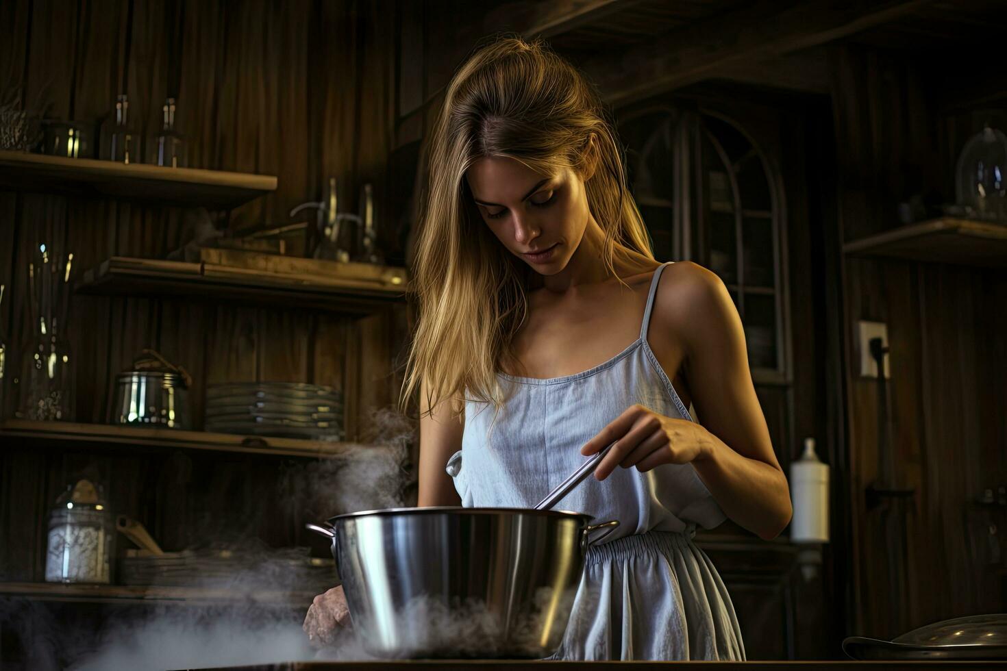 jong vrouw Koken soep in de keuken Bij huis. meisje in een wit schort, vrouw toevoegen zout in pot terwijl Koken, ai gegenereerd foto