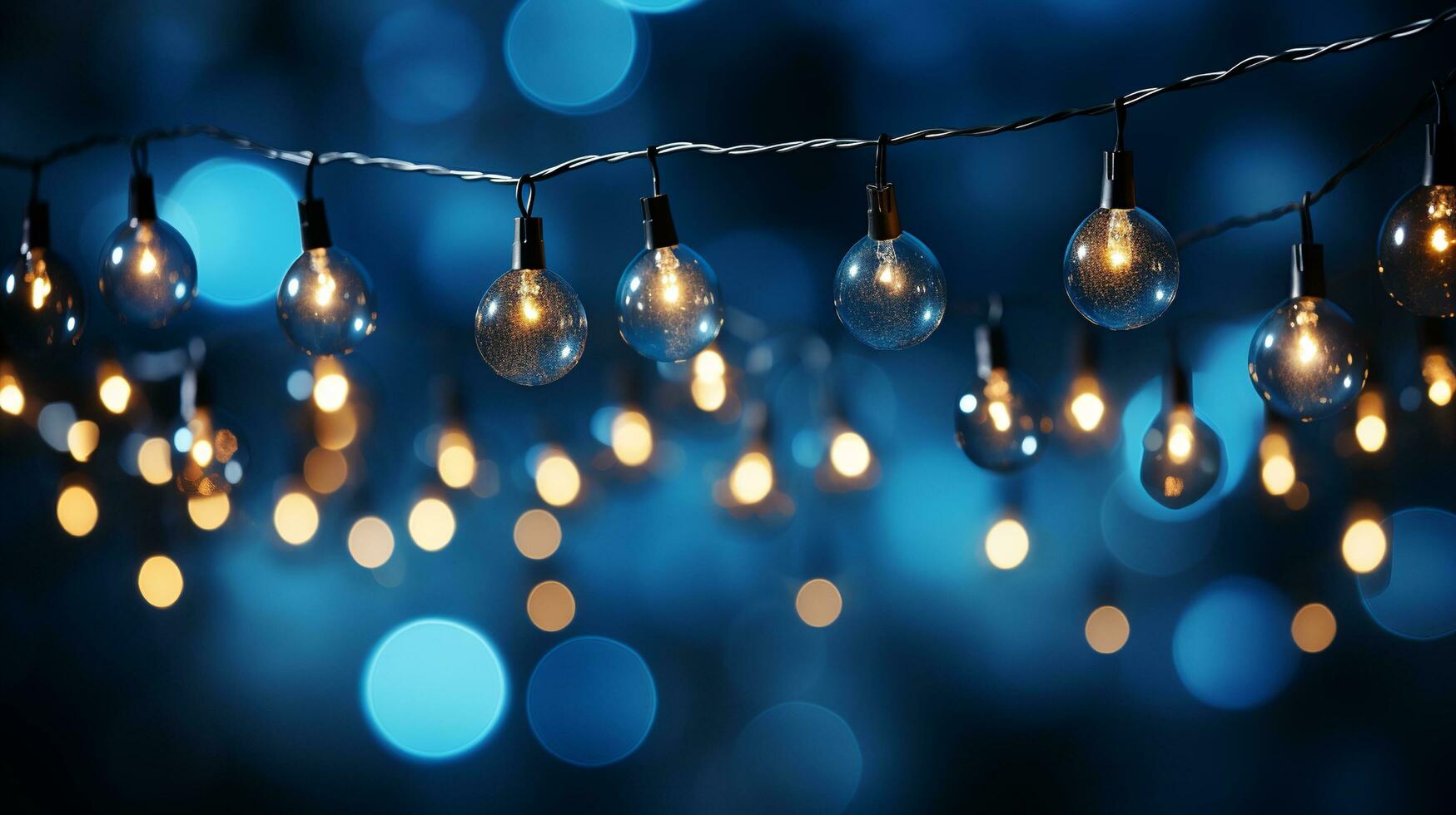 Kerstmis slinger bokeh lichten over- gouden blauw achtergrond ai gegenereerd foto