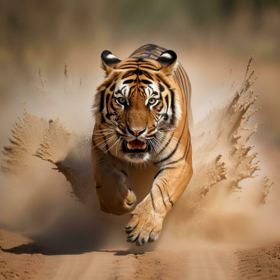 portret van tijger rennen, achternajagen, prooi, generatief ai foto