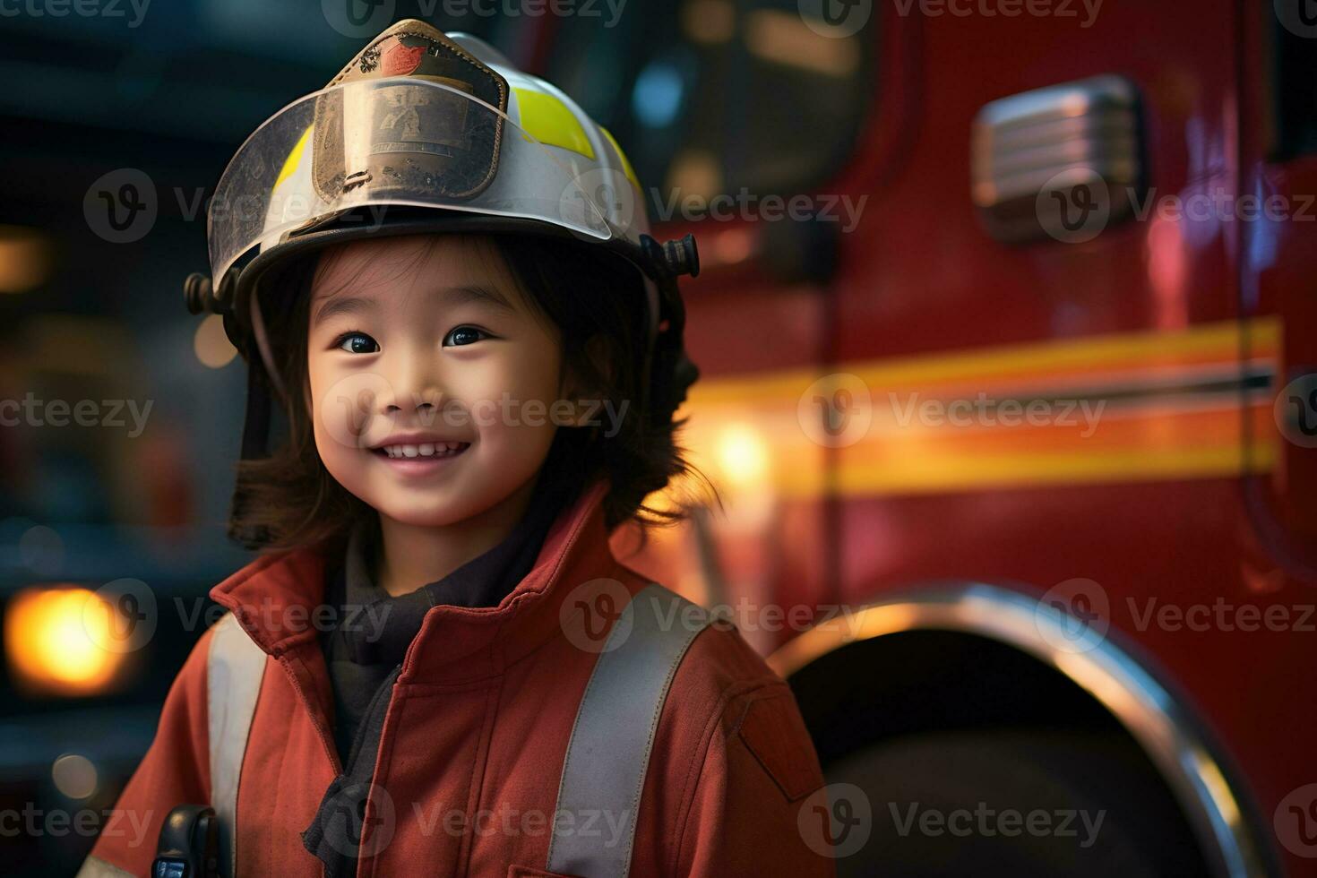 portret van een schattig weinig Aziatisch meisje vervelend een brandweerman uniform ai gegenereerd foto