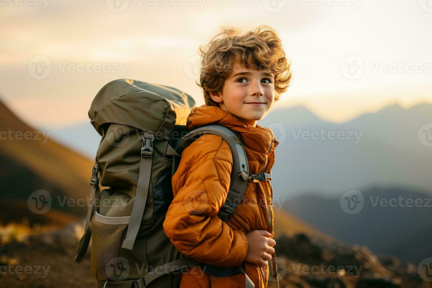 aanbiddelijk weinig jongen met rugzak wandelen in bergen Bij zonsondergang. reizen en actief levensstijl concept ai gegenereerd foto