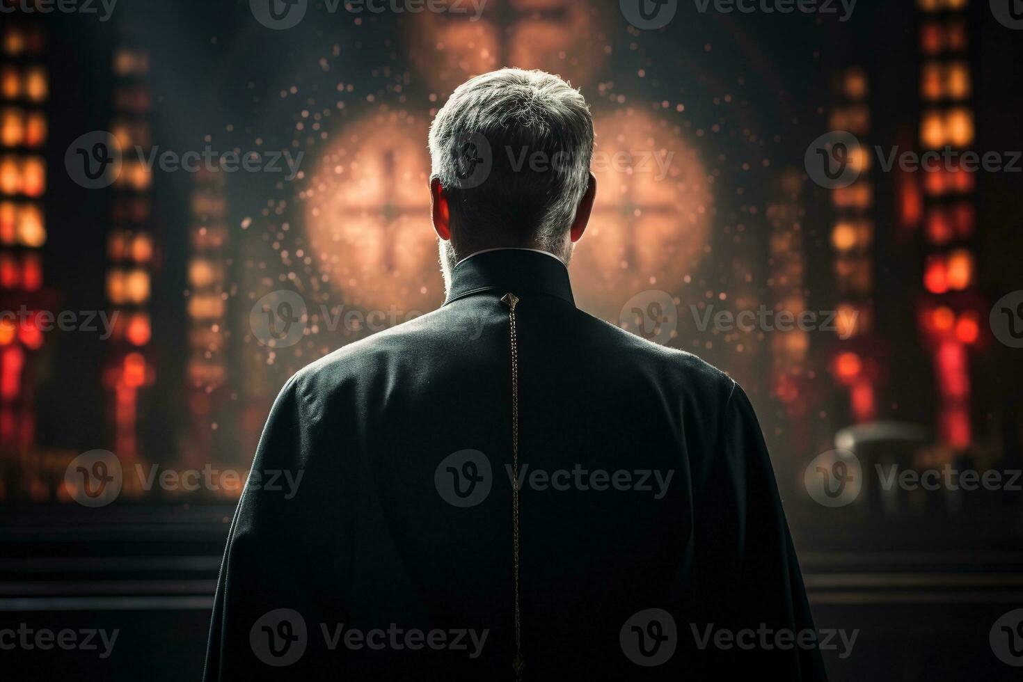 achterzijde visie van priester op zoek Bij kerk interieur. religie concept. ai gegenereerd foto