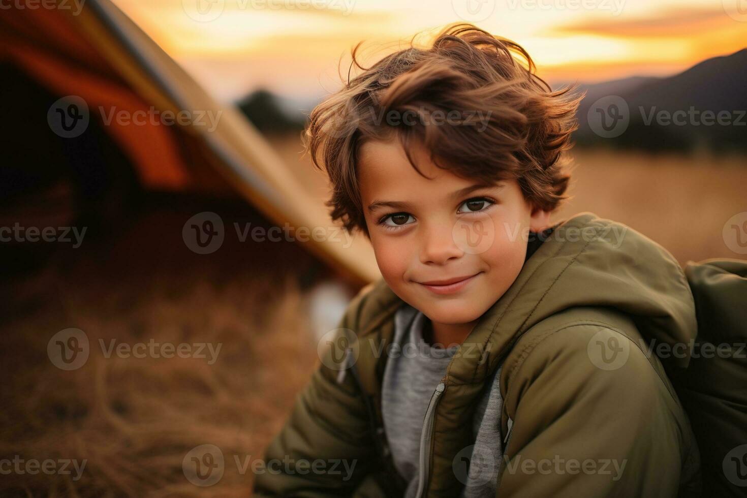 portret van een schattig jongen op zoek Bij camera terwijl in de buurt zijn tent in natuur ai gegenereerd foto