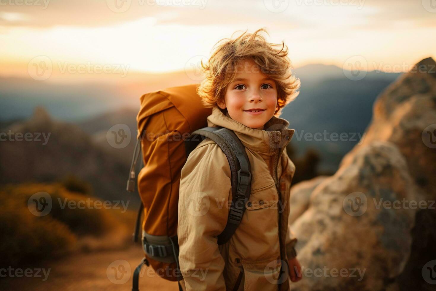 aanbiddelijk weinig jongen met rugzak wandelen in bergen Bij zonsondergang. reizen en actief levensstijl concept ai gegenereerd foto